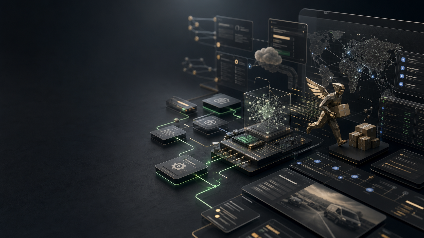 Abstract AI and API automation workspace with data pipelines and a Hermes-inspired delivery figure.